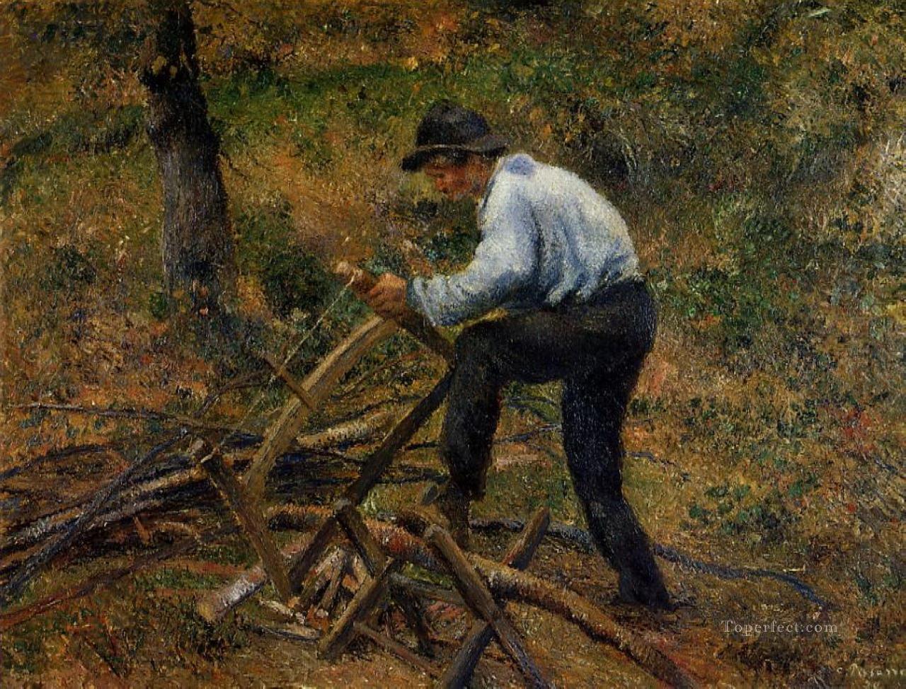 pere melon sawing wood pontoise 1879 Camille Pissarro Oil Paintings